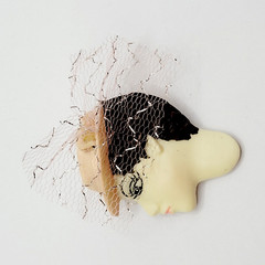 Painted Lady Face with Pink Hat and Veil Short Hair Brunette Vintage Brooch Pin