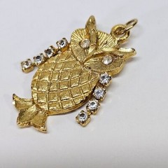 VINTAGE Gold-Tone Rhinestone Articulated Owl Bird Pendant Charm