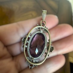 Antique Art Nouveau Pendant 2 Inch Roses Purple Faceted Mn Glass Glows Gold Fill