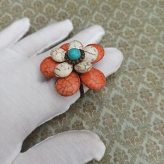 Bohemian Chunky Ring 3d Flower White Turquoise & Orange Gemstone Natural New