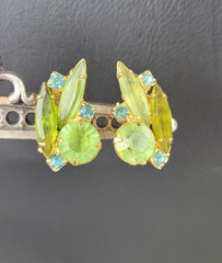 Vintage Juliana Green Blue Navette Round Rhinestone Clip On Earrings NO GLOW