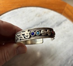 Tibetan Silver OM MANI Mantra, Turquoise, Lapis, Coral inlays Bracelet 43