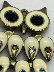 Vintage Articulated Owl Pendant Ivory Enamel Colorful Rhinestones Gold Tone 2.5″