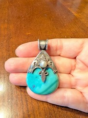 Vintage Sterling Silver Turquoise Pearl Pendant