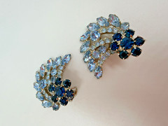 Vintage Earrings Clip On Blue Flower Rhinestone Climber PJ