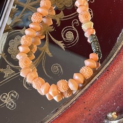 Art Deco Galalith Necklace Peach Orange Carved Beads 26” Opera Length
