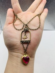 Vintage Boho Quirky Love Bird Dove Pink Photo Heart Locket Statement Necklace