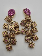 As Is Repair Vintage Retro Goldntone Pink Crystals Dangle Clip On Earrings