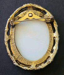 Vintage Porcelain Gold Tone Convex Framed Courting Couple Oval Pin Brooch 2 Inch