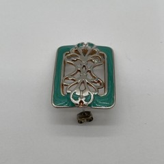 Vintage Style SilverTone Rectangular Earrings With Teal Border & Filigree Center
