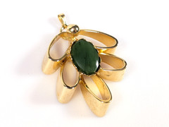 Vtg Lucky Green Jade Faux Gemstone Gold Tone Open Loop Pendant UNIQUE 1970s