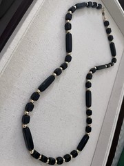 Trifari Signed 1970’s 1980’s Black Gold Resin Acetate Metal Beaded 30” Necklace