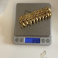 Vintage Signed Francois Brushed Gold Tone Leaf Design Wide Bracelet Safety Chain