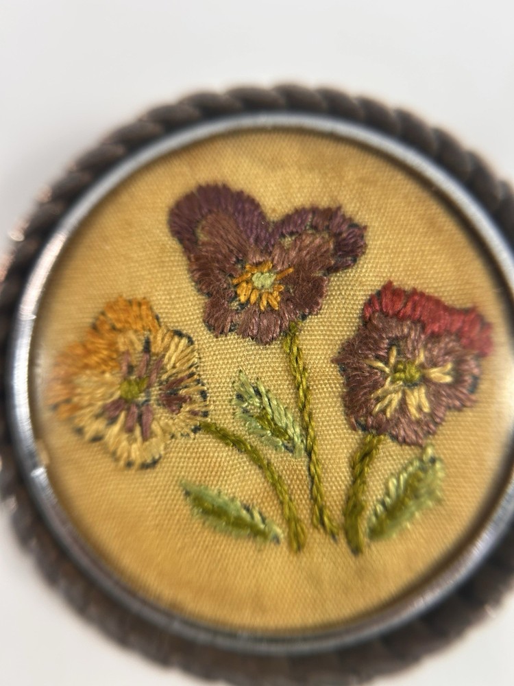 Antique Victorian Embroidered Silk Pansy Brooch Glass Dome Silver Tone Rope