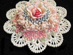 Vintage 1 5/8” Celluloid Filigree Ornate Floral Elegant Green &Orange Brooch