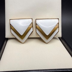 Vintage Gold & White Lucite Clip On Earrings Geometric Chevron Classic 80s Glam
