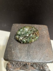 Vintage Floral Carved Green & Brown Jade Jadeite Sterling Silver Brooch Pin