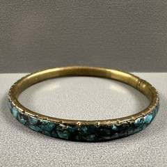 Vintage India Bangles Bracelet Mosaic Stone Brass Blue Green Inlay Set of 2