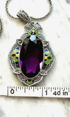 Deco Purple Glass & Multicolor Enamel Filigree Pendant Signed Helgen 17.75”Huge