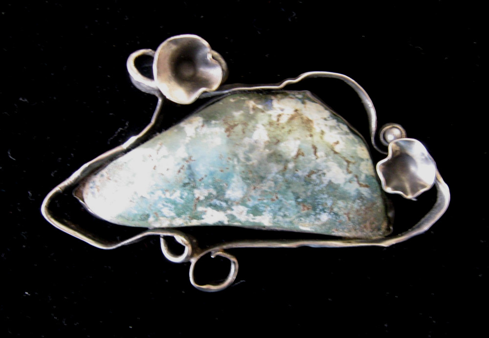 Hand-made Modernist Sterling Brooch with Old Glass Fragment by MELIE, Israel