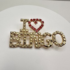 Vintage 80s “I Love Bingo” Heart Gold Tone Pin Brooch Red Rhinestone Jewelry