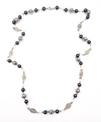 Vtg Signed Trifari Filigree Silver Tone Gray Faux Pearl Station Necklace 36 in