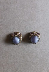 Vintage West Germany Purple Glass Cabochon Gold Tone Clip On Earrings