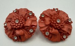 Vintage Carved Celluloid Rhinestone Clip On Earrings Floral Bow Coral Color
