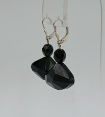 VTG 925 Earrings 1in Wide Black Faceted Glass Sterling Silver Ear Wire Art Deco