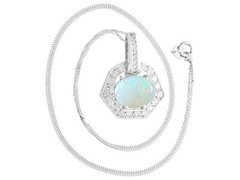 Vintage 1.65 Ct Opal and 0.68 Ct Diamond, 18k White Gold Pendant, Circa 1960