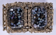 Vintage Ornate Link Bracelet Gold Tone Iridescent Hex Resin 5.25″ Art Deco