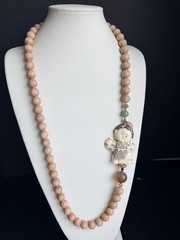 Vintage Necklace Pink Gemstone Flatback Carving Asian Figure 36” RO-DO NOS BL