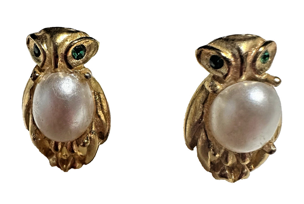 Ballou Reg’d Owl Scatter Pins Pair Vintage Faux Pearl Green Rhinestone Eyes Set