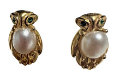 Ballou Reg’d Owl Scatter Pins Pair Vintage Faux Pearl Green Rhinestone Eyes Set