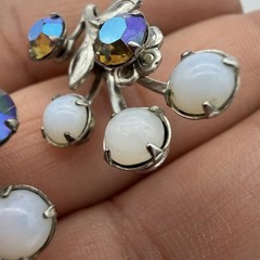 Vintage Spray Earrings Blue AB Rhinestone Opaline Glass Riveted Back Floral