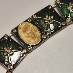 Vintage 1930s Guilloché Enamel Celluloid Cameo Panel Bracelet Art Deco Green