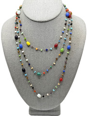 Vintage Venetian Lampwork Glass Bead Necklace Multicolor Swirl Long Boho 56″