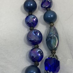Vintage TRIFARI Cobalt Blue Glass Bead Necklace 2 Tier Peacock Iridescent Silver