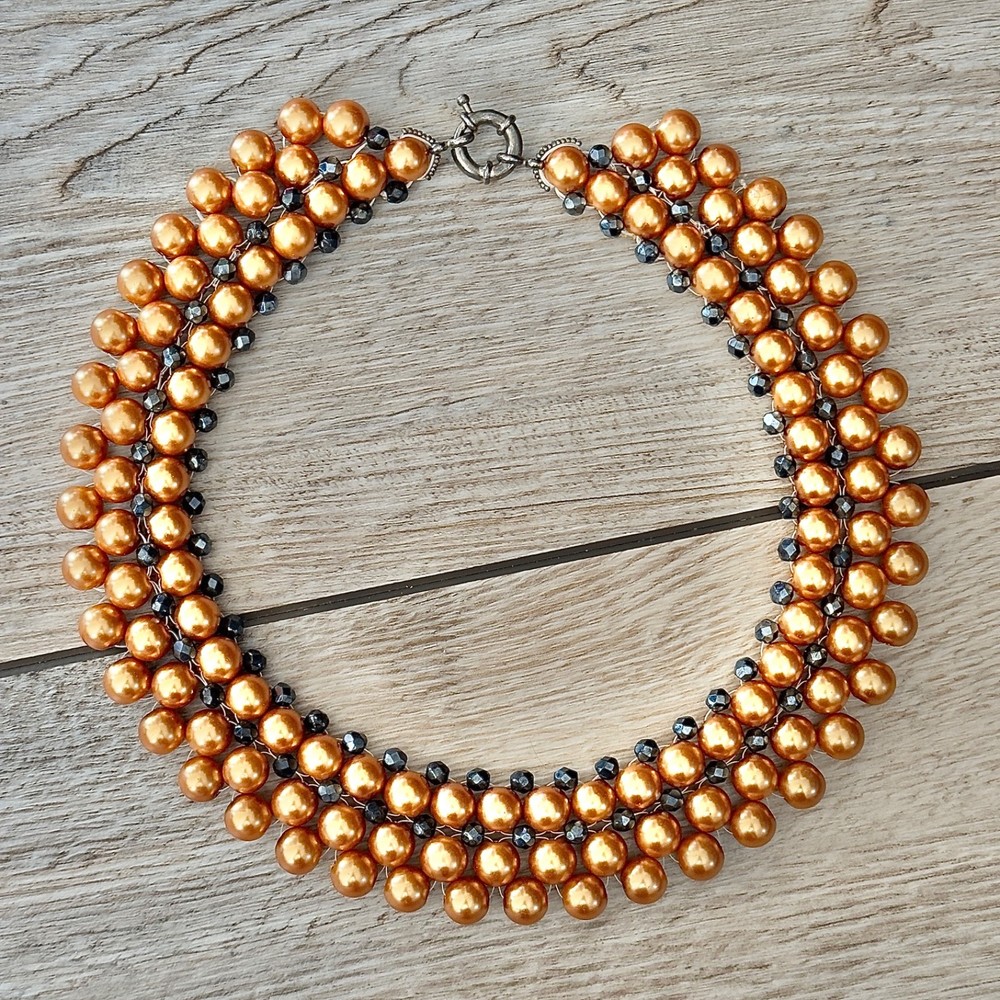 Triple Layer Golden Faux Pearl Beaded Statement Necklace Short