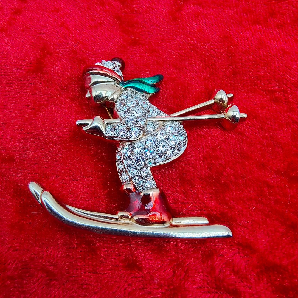 Vintage Skier Brooch Pin Gold Tone Rhinestone Encrusted Green Red Enamel Winter