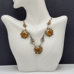 Czech Glass Art Nouveau Deco Flower Motif Brass Festoon Bib Amber Citrine 15 In
