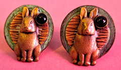 Vintage Mixed Metals Rabbit Earrings With Black Stone Accent Oxidized Bunny 3D