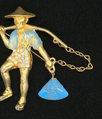 Vtg Asian Man Carrying Pole Water Waterboy Molded Blue Glass Stone Brooch Pin
