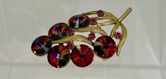 Vintage Watermelon Rivoli Rhinestone Leaf Brooch Gold Tone Pink Aurora Borealis