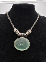Sterling 935 Roman Glass Sea Green Oval Pendant Rope Chain Silver Necklace VTG