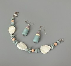 VTG SX 925 Sterling-Carved MOP-Pale Blue-Peach Stone Bracelet Wire Earring Set