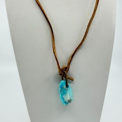Leather Cord Necklace Faux Turquoise Blue Stone Pendant Casual Minimalist