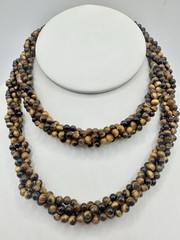 VTG 29In 4 Strand Tigers Eye Bead Necklace Caviar Gold Tone Fish Hook Clasp Read