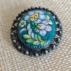 Vintage Soviet Finift Enamel Brooch Hand Painted Floral Oval Pin Filigree Frame