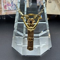 Vintage 12k Gold Filled Pocket Watch Chain Mesh Necklace FOB, Dog Clip, Red Gem